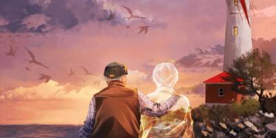 Viel homme qui tient par l'épaule le spectre de sa femme décédée. Ils sont assis sur un banc, sur, la sable, en bord de mer et contemplent un moulin blanc et rouge.