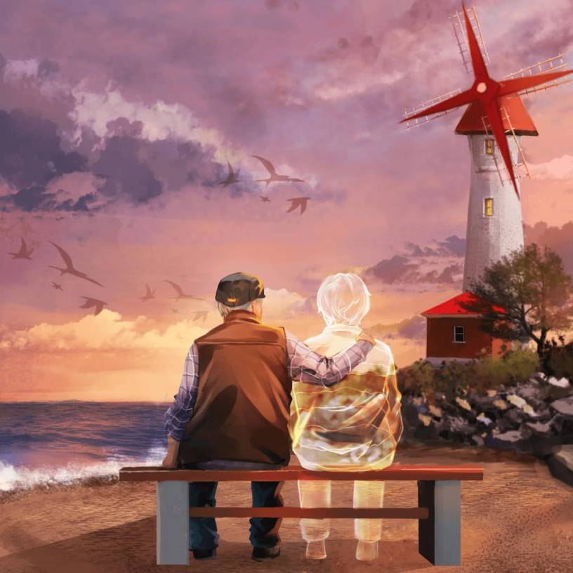 Viel homme qui tient par l'épaule le spectre de sa femme décédée. Ils sont assis sur un banc, sur, la sable, en bord de mer et contemplent un moulin blanc et rouge.