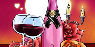 Image romantique avec une bouteille de champagne, des chandelles, des roses et deux verres de vin sur un fond rose orangé avec un coeur.