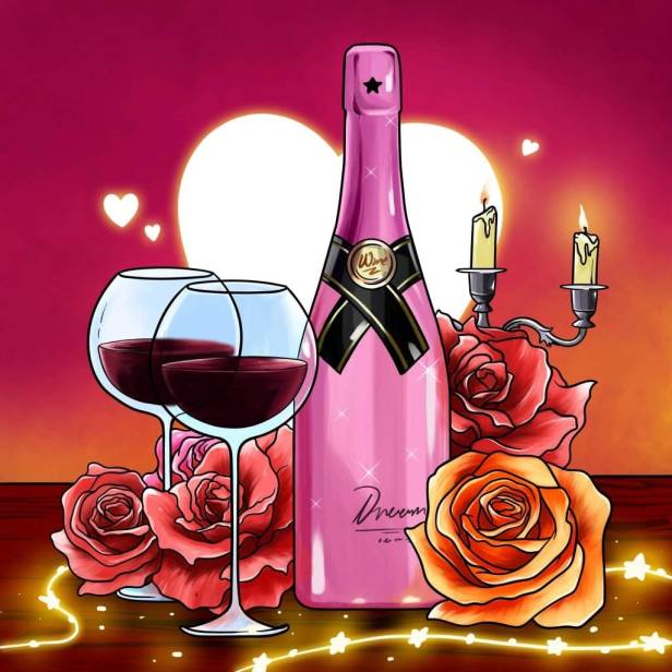 Image romantique avec une bouteille de champagne, des chandelles, des roses et deux verres de vin sur un fond rose orangé avec un coeur.