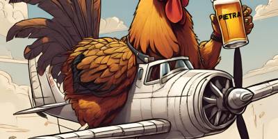 Coq dans un avion qui boit une Pietra